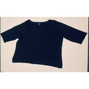 3X Chaps Womens T-Shirt Black V-Neck 3/4 Sleeve Laced Neckline Knit Top EUC